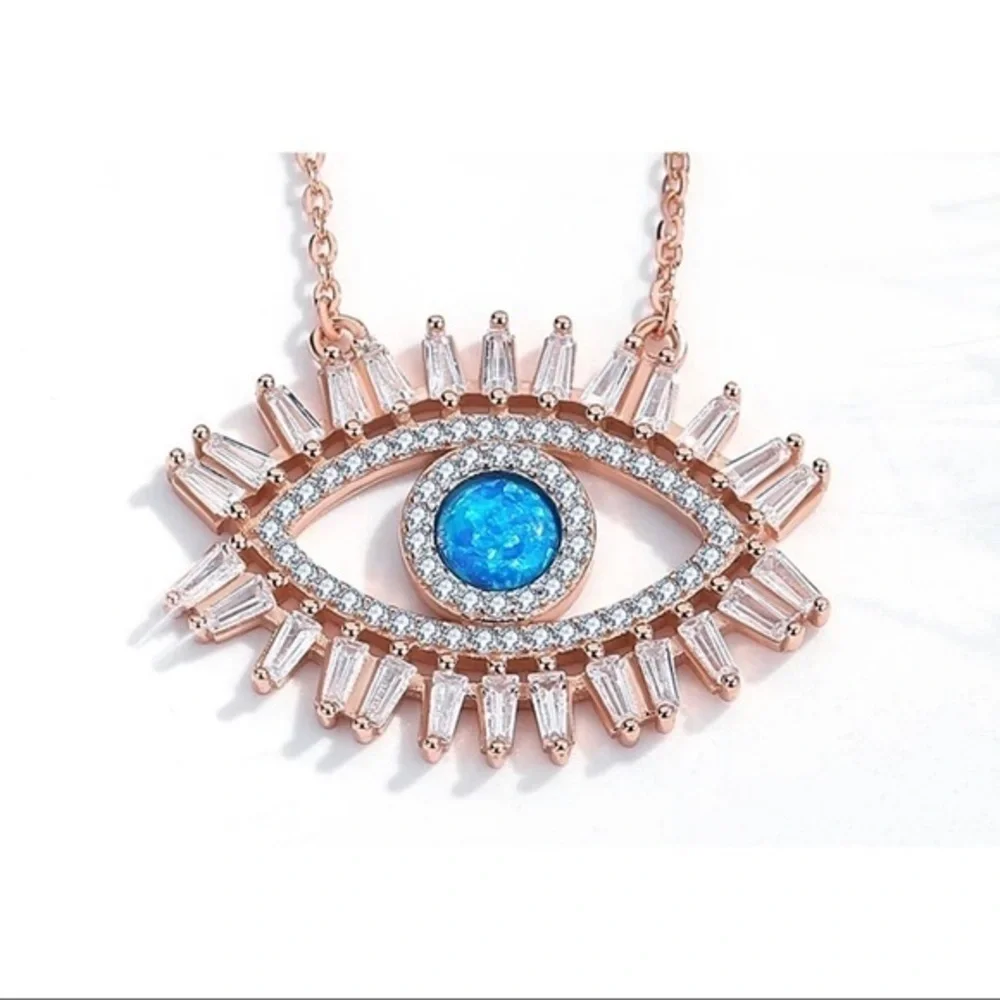 925 Sterling Silver Rose Gold Plated Crystal CZ Evil Eye Necklace